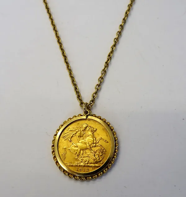 A George V sovereign 1912, in a 9ct gold pendant mount, having a ribbon twist border, with a gold oval link neckchain, on a boltring clasp, combined w