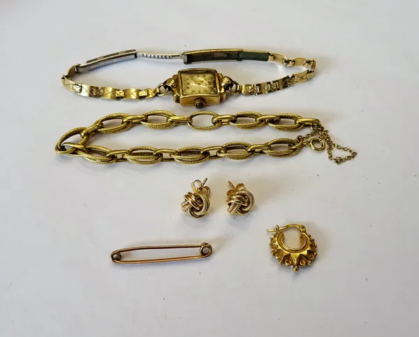 Mostly gold jewellery, comprising; a multiple oval link bracelet, detailed 750, on a boltring clasp, gross weight 7.6 gms, a Rotary 9ct gold cased lad