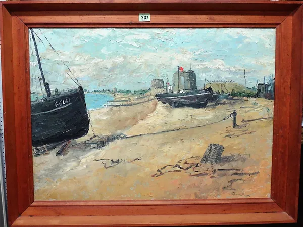 J. W. Dawkins (20th century), Hythe Beach, oil on board, signed with initials and dated '59, 50cm x 70cm.; together with a watercolour of boats by Ala