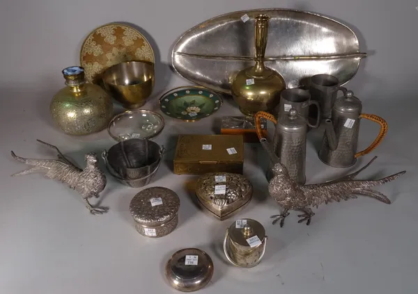 Metalware, including; a silver circular snuff box, an embossed silver lidded powder box, a silver plated tray in the form of a leaf, two metal figures