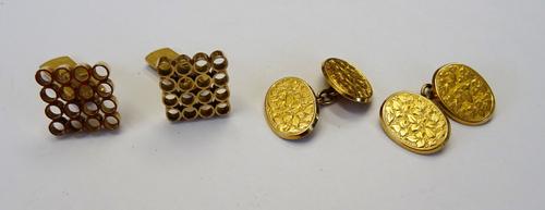 A pair of late Victorian 15ct gold cufflinks, the oval backs and fronts with foliate engraved decoration, Birmingham 1896, weight 4.9 gms and a pair o