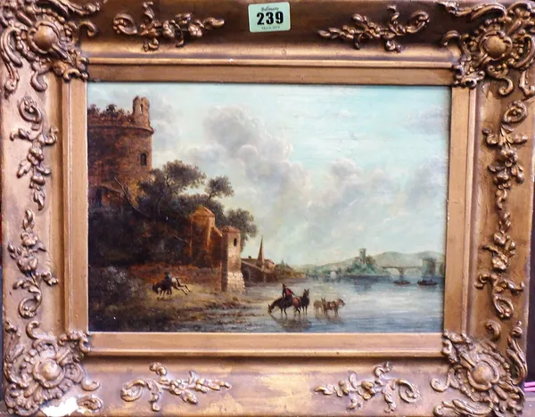 Continental School (19th century), Horses watering by a riverside castle, oil on panel, 20.5cm x 27.5cm.