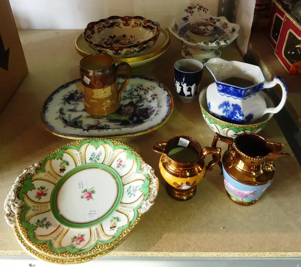 British ceramics to include; a Doulton brown stoneware silver mounted tankard, two copper lustre jugs; a pot lid, a Mintons cream and gilt bowl and su