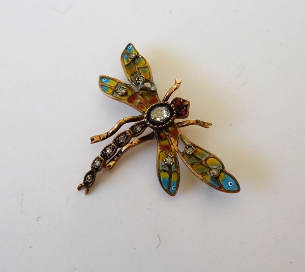 A diamond and ruby set and plique a jour enamelled brooch, designed as a dragonfly, mounted with the principal rose cut diamond to the body and otherw