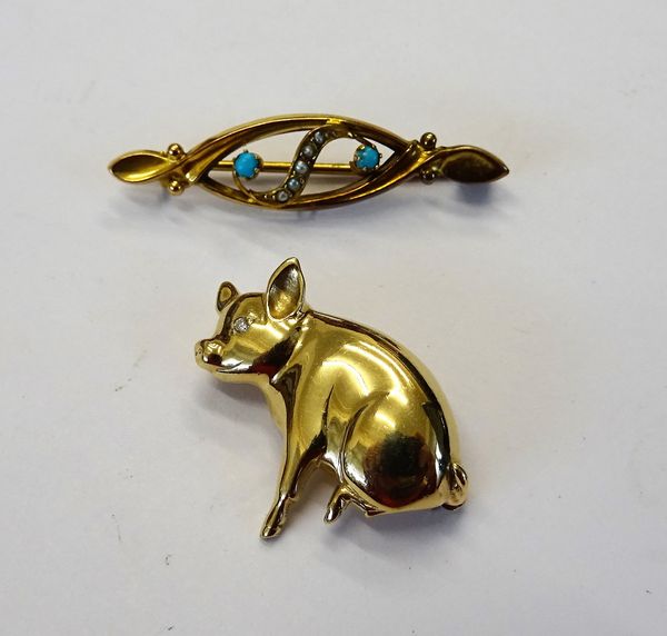 A 9ct gold and diamond set brooch, designed as a seated pig, having a diamond set eye and a gold, turquoise and seed pearl bar brooch, detailed 9 CT,