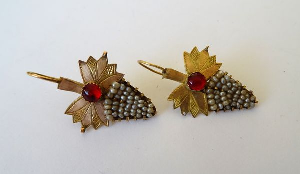 A pair of Asian gold, seed pearl and cabochon red paste set earrings, each designed as a bunch of grapes, the tops with wire fittings.