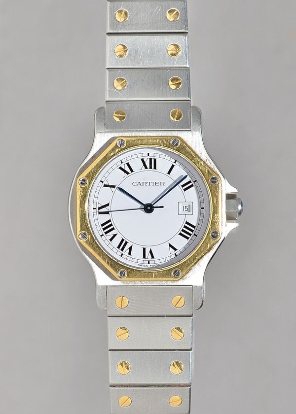 A Cartier Santos Two-Tone automatic steel and gold gentleman's bracelet wristwatch, the signed white dial with black Roman numerals, date of the month