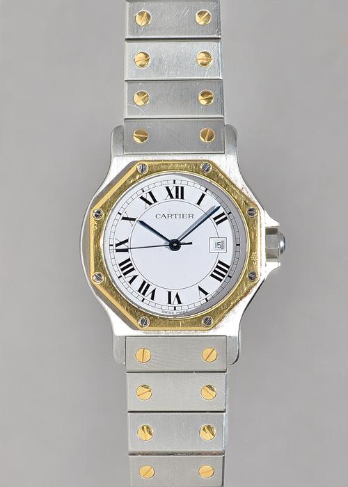 A Cartier Santos Two-Tone automatic steel and gold gentleman's bracelet wristwatch, the signed white dial with black Roman numerals, date of the month