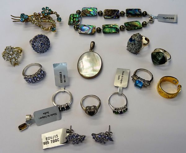 A collection of nine silver and silver gilt gem set rings, in a variety of designs, a gilt metal ring, two pendants, a pair of gem set earstuds, an ab