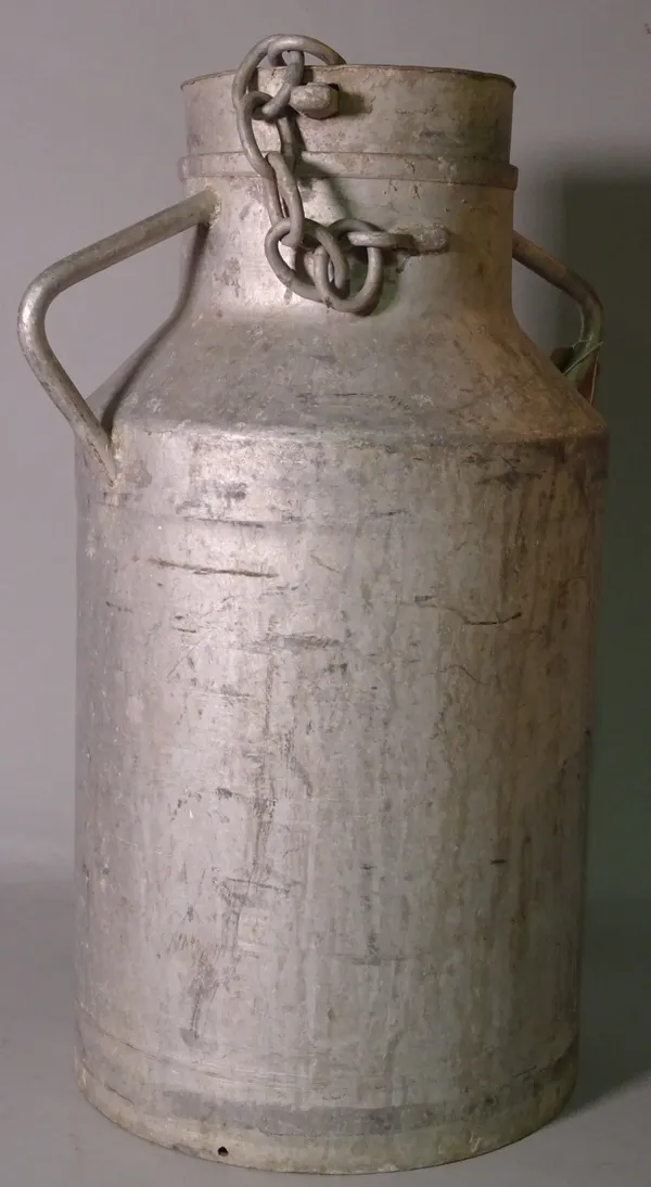 LP10; a metal milk churn, chained lid above twin handles, 52cm high.