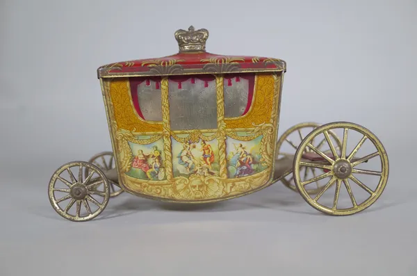 W&R Jacob & Co Ltd; a novelty Coronation Coach biscuit tin- made circa 1936 for the Coronation of Edward VIII, 23.5cm long.