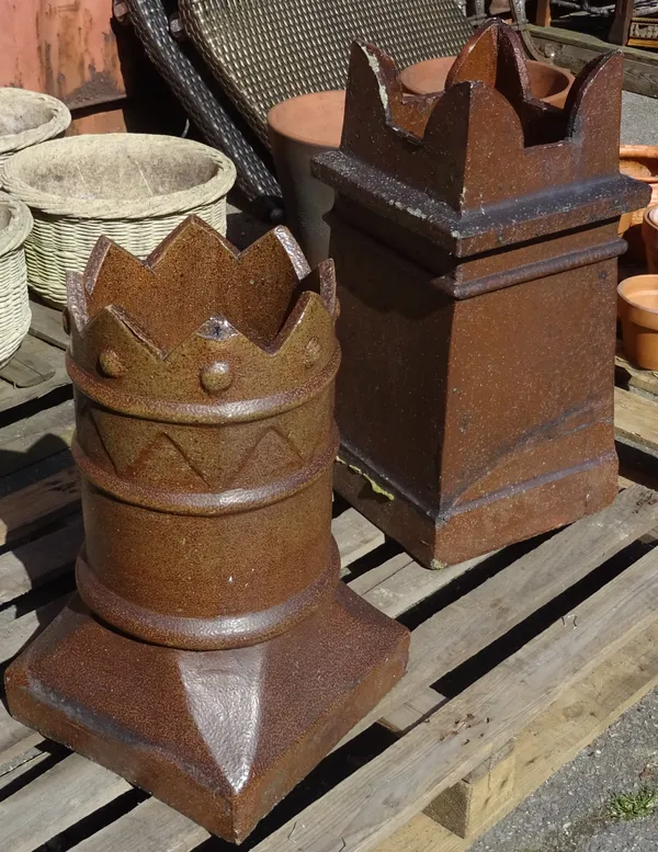 Two 19th century terracotta chimney pots, 63cm and 54cm high, (2).