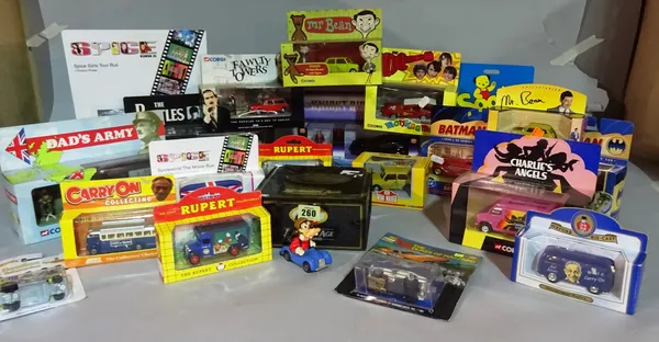 Toys, including; mainly Corgi film and television related vehicles, Batman, Knightrider, Beatles and sundry, (qty).