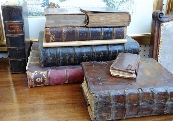 OLD LEATHER - various dates, a small selection; includes a 1581 Holy Bible (lacks all before Genesis xliii; NT. title 'imprinted at London, by Christo