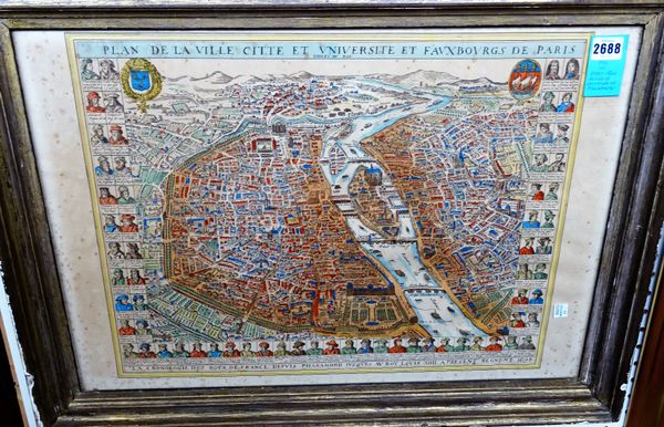 PARIS:  Plan de la Ville Citte et Universite et Fauxbourgs de Paris. 40cm x 52cm, hand-coloured, three pictorial borders of French monarchs, (? ca. 17