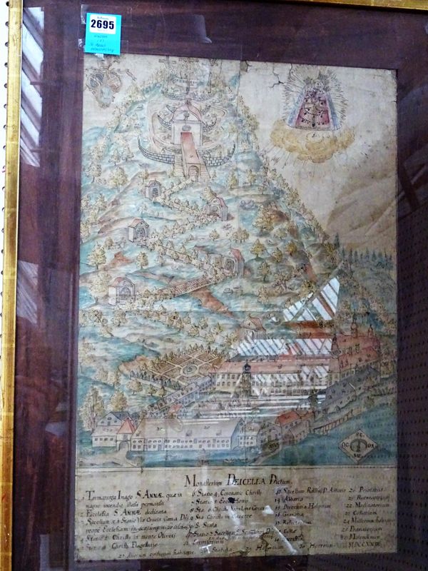 ST. ANNE'S MONASTERY (?):  hand-coloured manuscript pictorial plan, 60cm x 39cm within mount, includes 8 line key beneath - 'Monasterium Deicella Dict