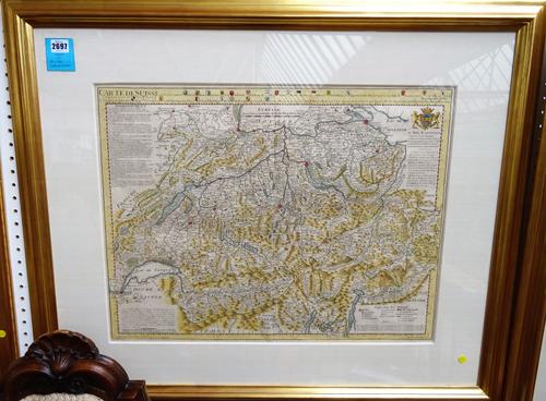 Guillaume De L'ISLE:  Carte de Suisse  . . .  50cm x 65cm within mount, hand-coloured, headline title, armorial dedication, explication and other engr