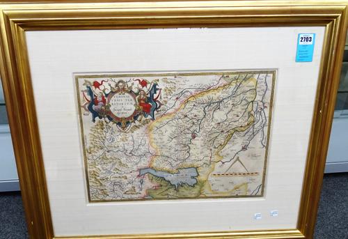 Bernado BROGNOLO:  Veronae Urbis Territorium.  34cm x 48cm within mount, hand-coloured, pictorial strapwork title, dividers and scale bar, (Venice), 1