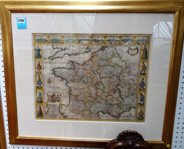 John SPEED:  France revised and augmented  . . .  , 42cm x 53cm within mount, hand-coloured, pictorial engraved cartouche title, side borders of costu