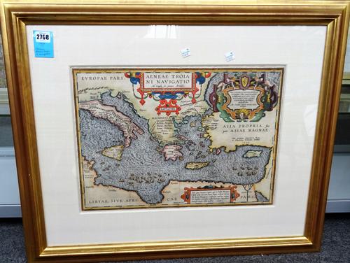 Abraham ORTELIUS:  Aenae Troia Ni Navigatio  . . .  35cm x 49cm within mount, hand-coloured, engraved strapwork title, pictorial engraved cartouche de