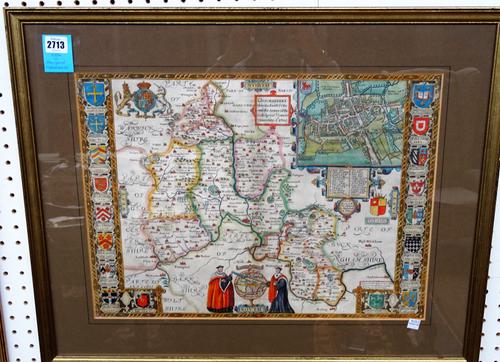 John SPEED:  Oxfordshire described  . . .  39cm x 52cm within mount, hand-coloured, inset plan of the City, collegeiate armorial borders, and two prof
