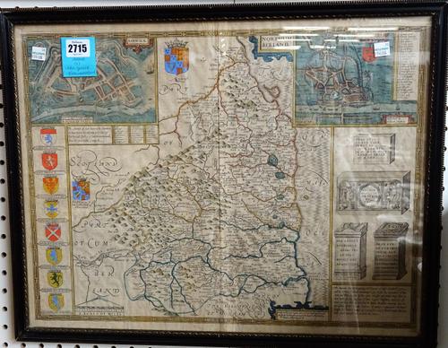 John SPEED:  Northumberland, 40cm x 52cm, hand-coloured, inset plans of Newcastle and Berwick, coloured armorials, Roman inscription tablets, and some