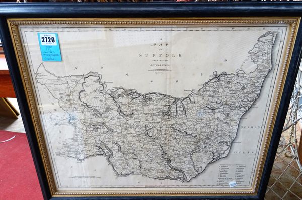 John CARY:  A Map of Suffolk  . . .  41cm x 52cm, hundreds reference table, 1805; (from) LEWIS'S TOPOGRAPHICAL DICTIONARY - Suffolk, 24cm x 31cm, ca.