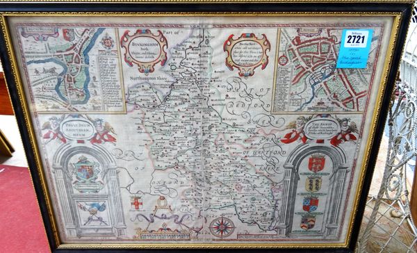 John SPEED:  Buckingham both shyre, and shire - towne describ. 39cm x 52cm, hand-coloured, inset plans of Buckingham and Reading, armorials within arc