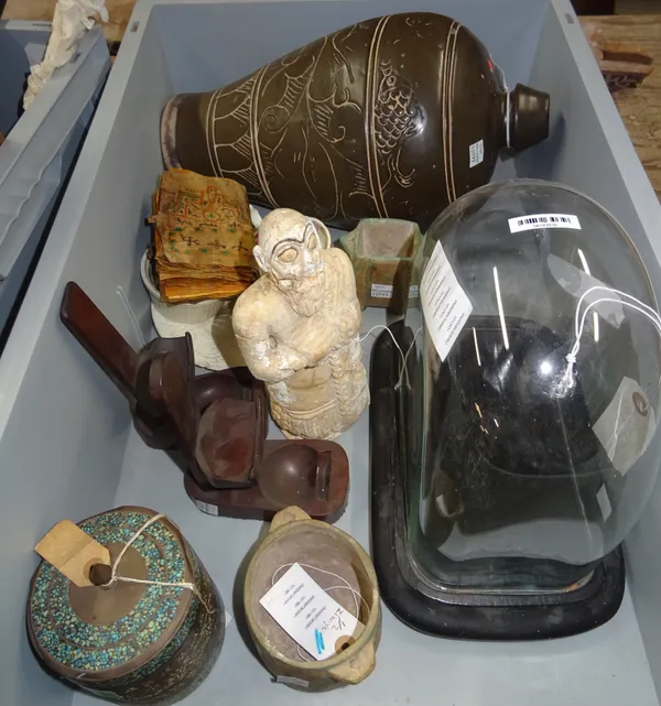 Collectables, including; a pair of hardwood stands, Islamic embossed metal pot, a figure of a priest and sundry, (qty).