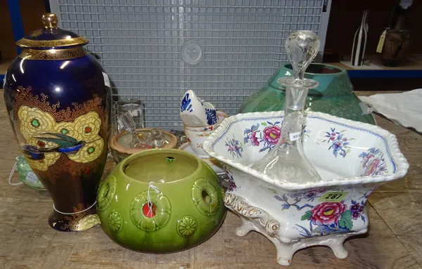 Ceramics and glass including; decanter stops, blue and gilt lidded vase, green pot and sundry, (qty).