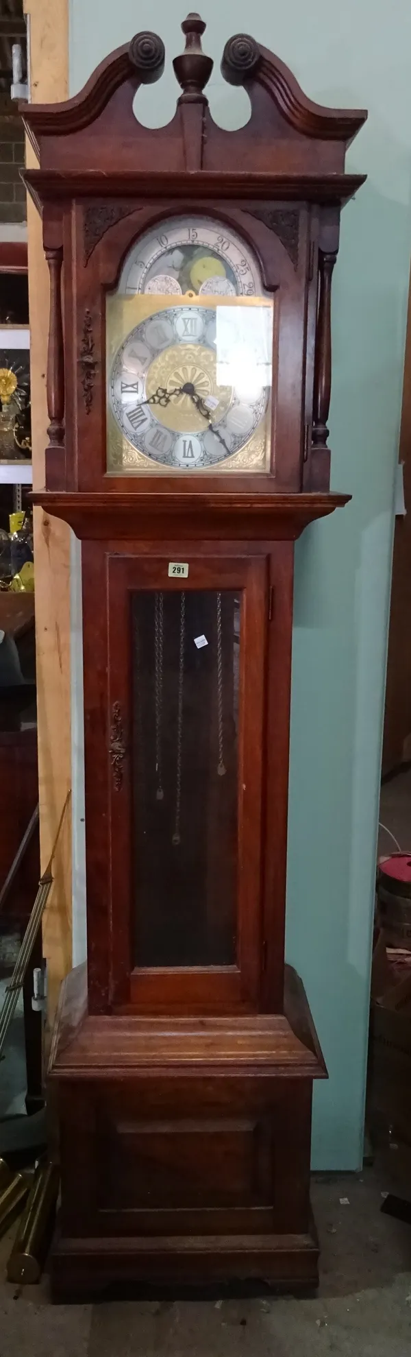 Emperor West Germany; a mid-20th century triple chain mahogany longcase clock, 50cm wide x 208cm high.