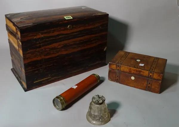 An early 20th century coromandel travelling desk box, a walnut jewellery box, telescopes and an inkwell, (qty).