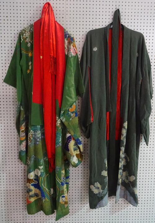 Two Japanese furisode, 20th century, one printed with a fan, an hexagonal tub, flowers and fruiting branches against a green ground, the other printed