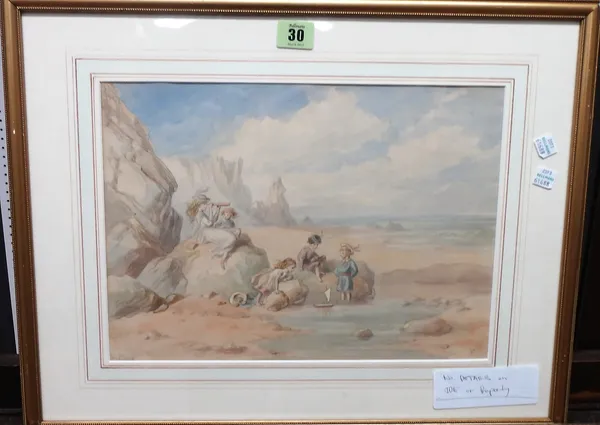 J** K** B** (19th/20th century), The Launch, Children playing on a beach, watercolour, signed with initials, 25cm x 34cm.