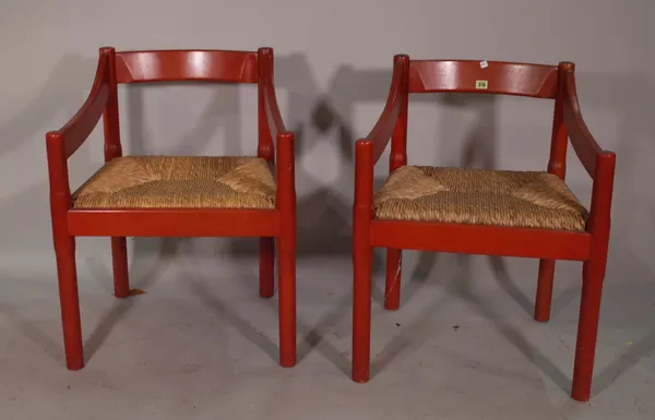 Vico Magistretti, a set of six red painted Carimate chairs, (6).