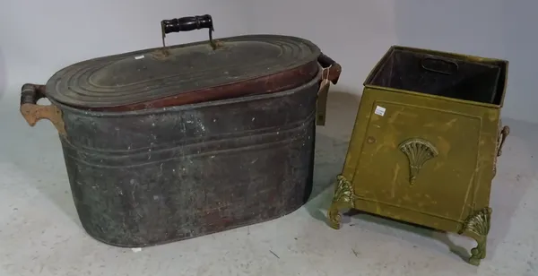 A Regency brass coal scuttle of tapering form and a large oval tin log basket, 65cm wide x 35cm high, (2).