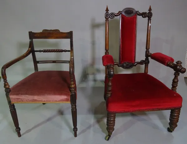 A Victorian rosewood open armchair on ring turned supports and a Regency mahogany open armchair on reeded tapering supports. (2)