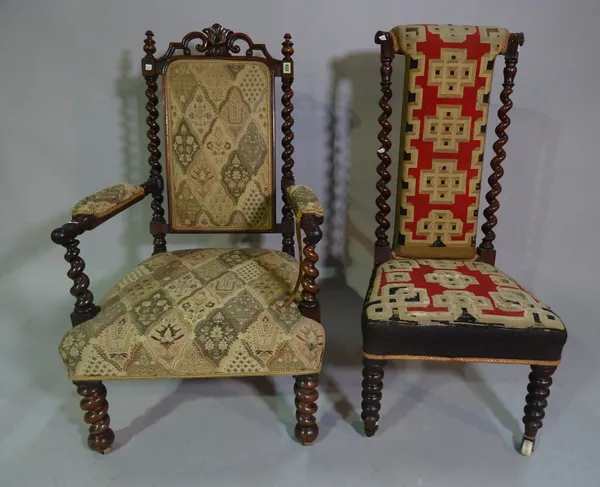 A Victorian rosewood open armchair with barleytwist supports and a Victorian rosewood prie dieu. (2)