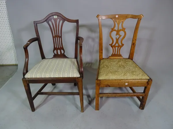 A George III mahogany open armchair and a George III fruitwood armchair. (2)