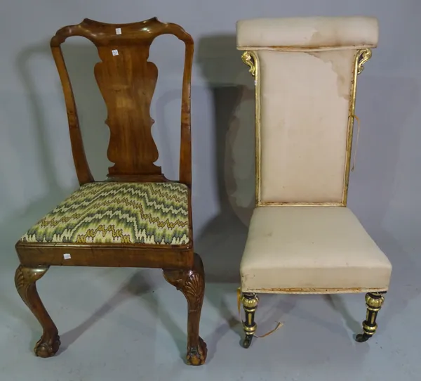 A Victorian ebonised and parcel gilt prie dieu chair and a George I style walnut side chair with shell capped cabriole supports. (2)