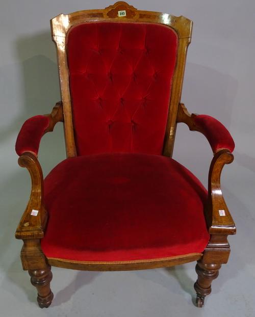 A Victorian inlaid walnut and burr walnut open armchair, on turned supports, 66cm wide x 96cm high.