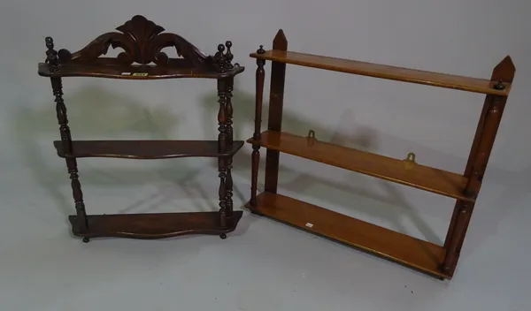 Two Victorian hanging open three tier wall shelves, each approximately 55cm wide (2).