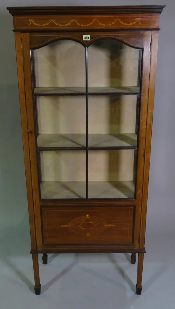 An Edwardian mahogany inlaid single door display cabinet, 70cm wide x 162cm high.