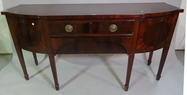 A George III style mahogany sideboard on tapering square supports, 183cm wide x 92cm high.