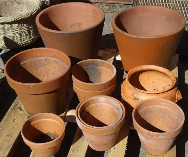 A pair of 20th century terracotta plant pots, 37cm wide x 40cm high, and a further eight smaller, (10).