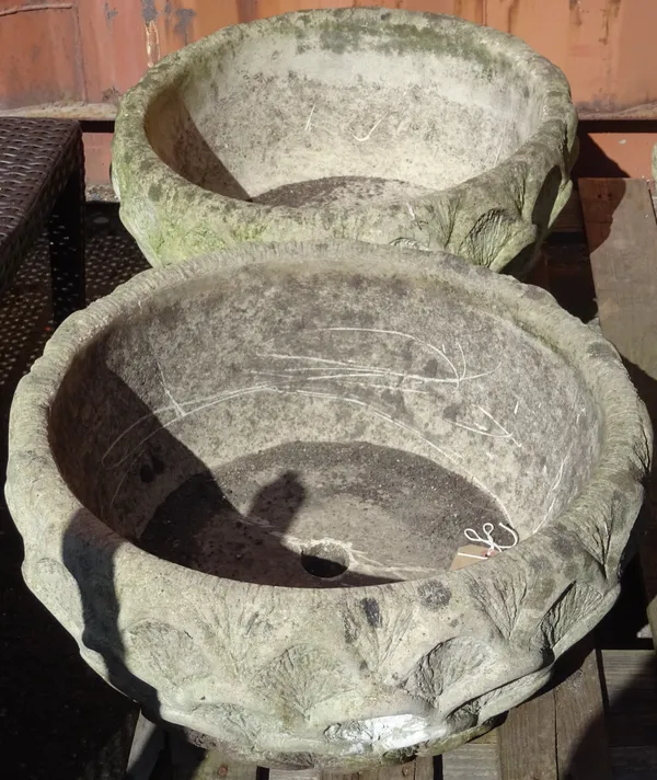 A pair of 20th century reconstituted stone plant pots in the form of acorn cupules, 50cm wide x 25cm high, (2).