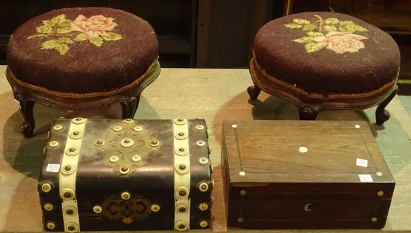 A pair of Victorian mahogany framed circular footstools on cabriole supports, 29cm wide x 184cm high, a Victorian rosewood mother-of-pearl box, 25cm w