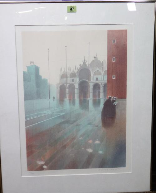 Derek Mynott (1925-1994), St Marks; Feeding the geese; Bandstand; Flying a kite, four colour lithographs, all signed and numbered, the largest 54.5cm