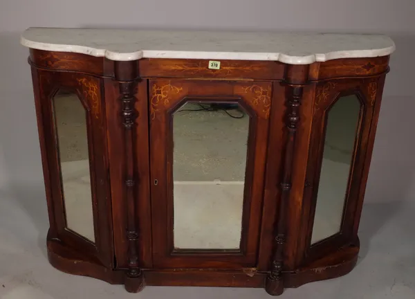 A late Victorian mahogany inlaid mirrored back credenza with white marble top, 120cm wide x 172cm high.