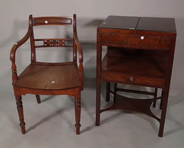 A George III mahogany gentleman's washstand with twin folding top and integral sliding mirror, 52cm wide x 83cm high, and a Victorian mahogany open ar